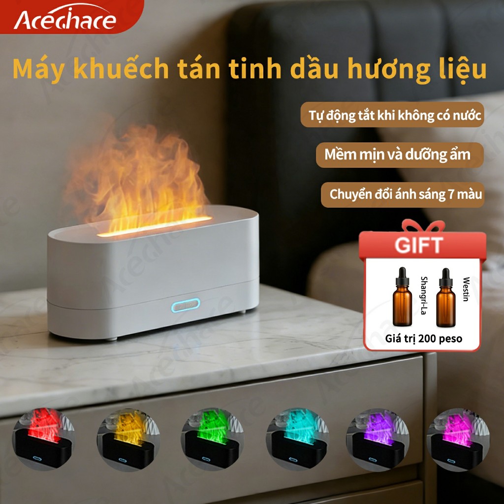 【 ✨💥Chỉ còn 40% giá gốc - Có thời hạn 】ACECHACE | Máy Xông Tinh Dầu Đa Năng - Đèn Ngủ LED 7 Màu, Tạo Lửa Giả - Chạy Siêu êm <50dB - Tặng Kèm Tinh Dầu | Làm Ẩm, Tạo Hương Thơm, Thư Giãn