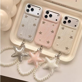 Ngọc Trai Hàn Quốc Luster Trắng Hồng Kim Cương Ngôi Sao Da PU Dây Xích Wrsit Ốp Lưng Điện Thoại iPhone 17Promax 17Pro 14 15 16 Pro Max 13 Vỏ Di Động Nữ