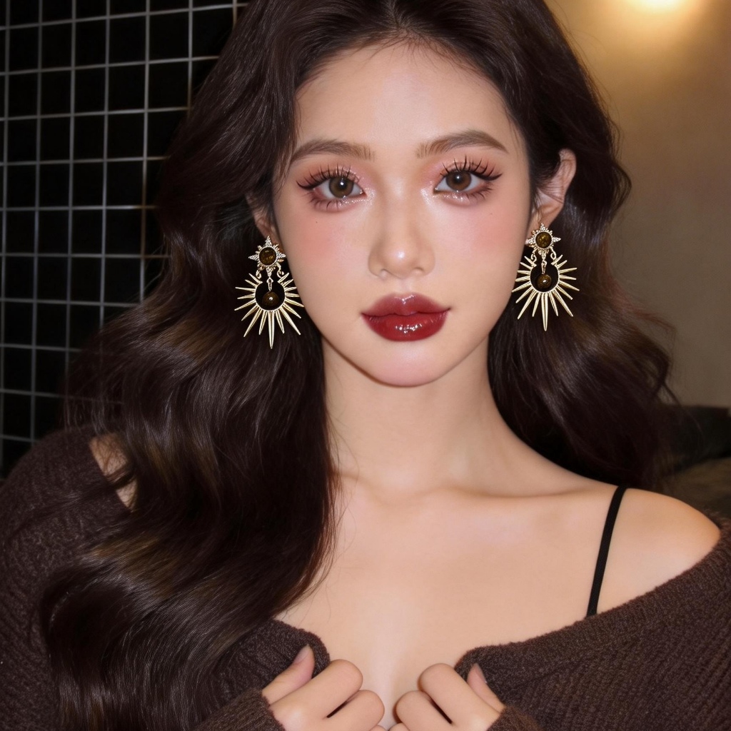 Bông Tai Nữ Đá Mắt Hổ Hình Tròn Ngôi Sao Lấp Lánh Phong Cách Mạ Lạnh Vintage Sang Trọng Cao Cấp Độc Đáo