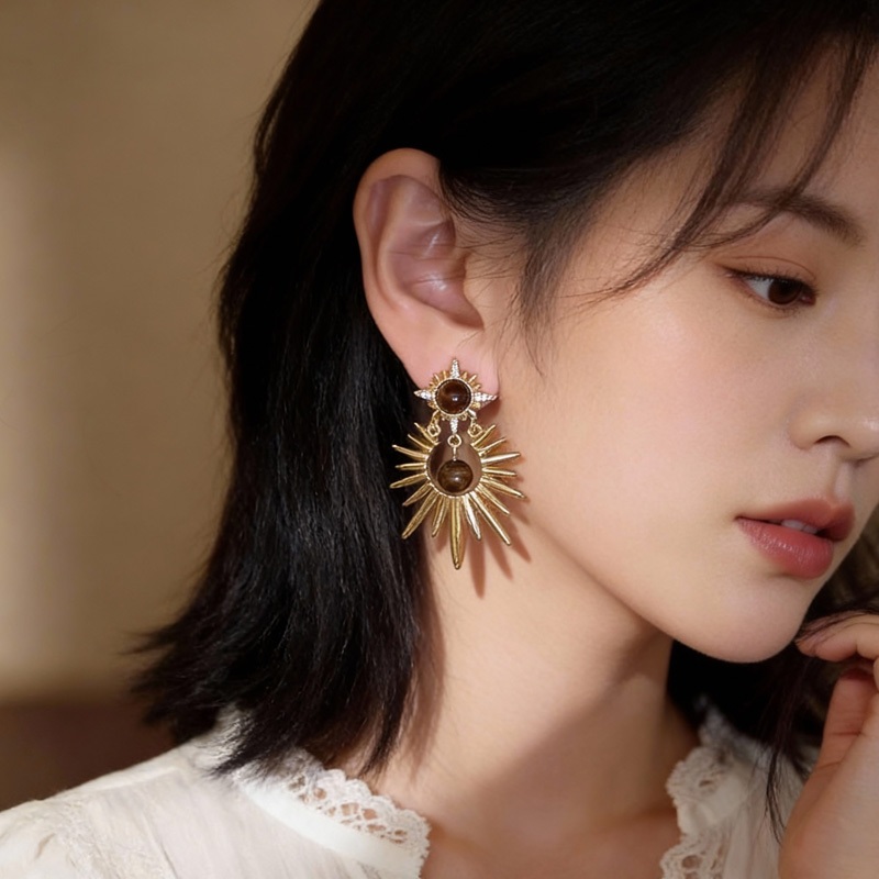 Bông Tai Nữ Đá Mắt Hổ Hình Tròn Ngôi Sao Lấp Lánh Phong Cách Mạ Lạnh Vintage Sang Trọng Cao Cấp Độc Đáo