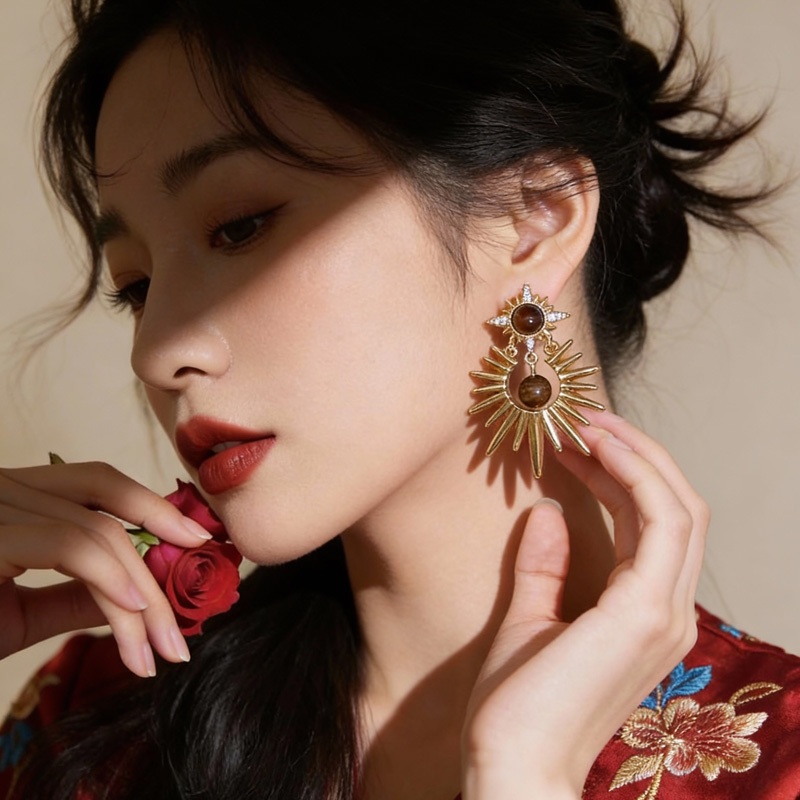 Bông Tai Nữ Đá Mắt Hổ Hình Tròn Ngôi Sao Lấp Lánh Phong Cách Mạ Lạnh Vintage Sang Trọng Cao Cấp Độc Đáo
