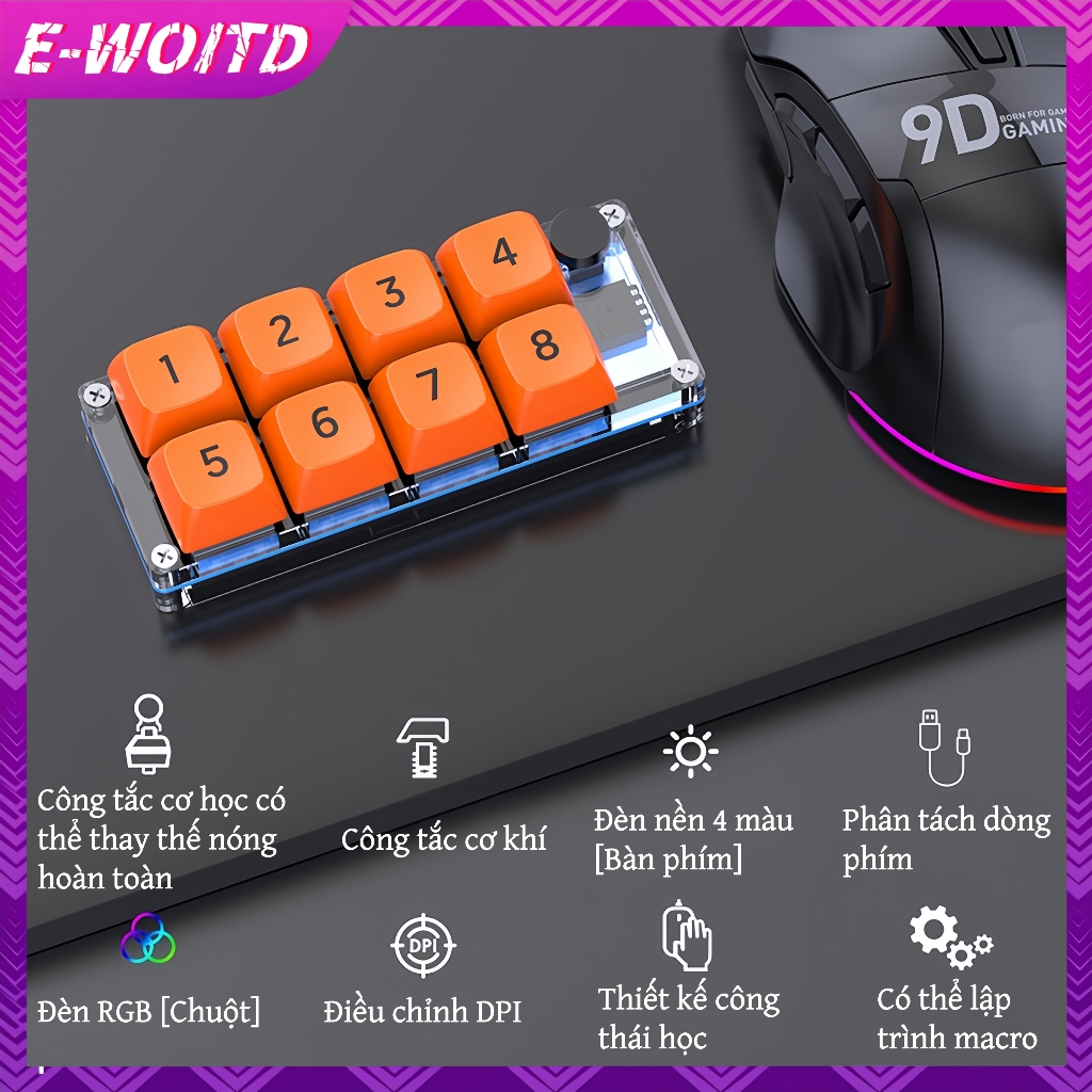 E-WOITD 8 Phím Ngắn Macro Có Thể Lập Trình Hoàn Toàn Nóng Hoán Đổi Cơ Chơi Game Một Mảnh Phụ Kiện Máy Tính HNVN