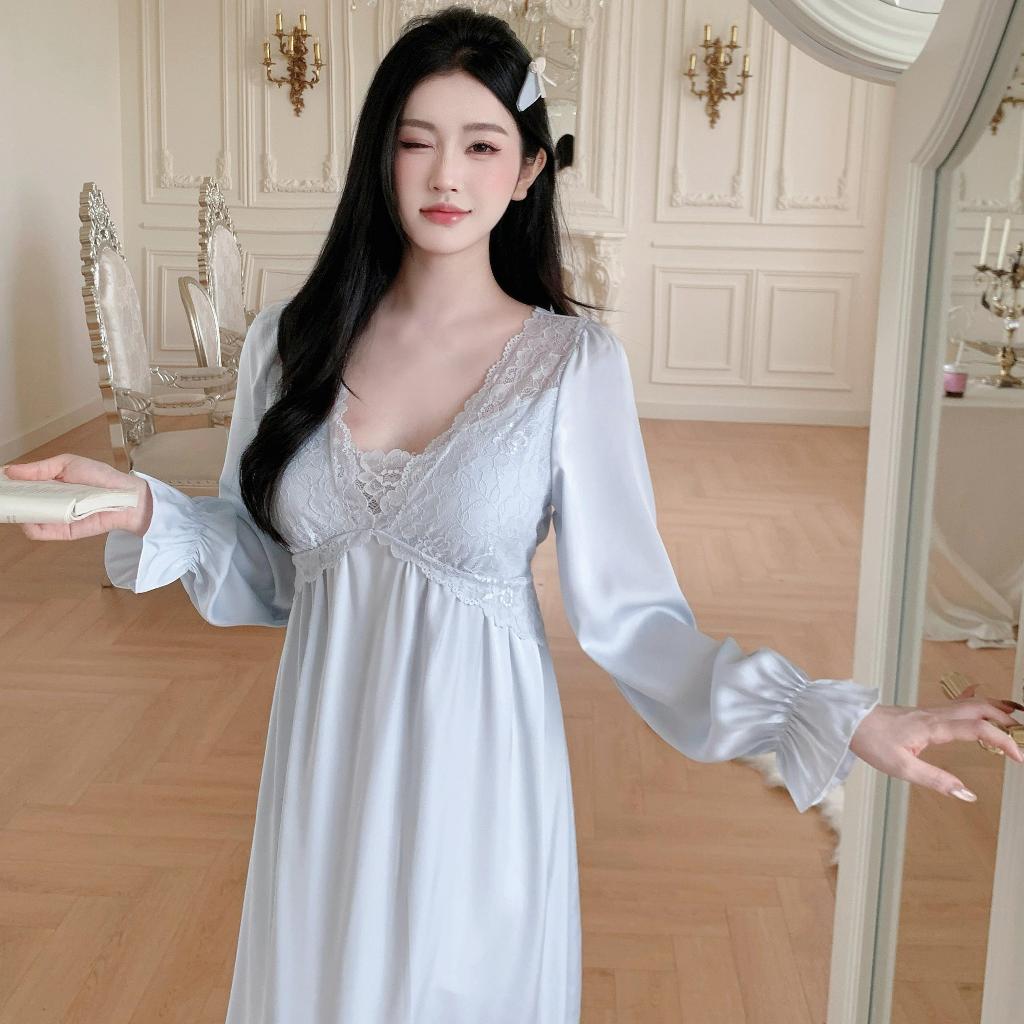 TEEFENG Váy Ngủ Cao Cấp Ren Lụa Phong Cách Pháp Dài Tay Đệm Ngực Mùa Xuân Homewear