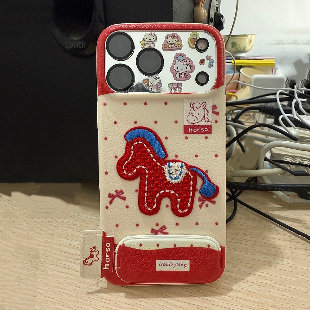 3D Thêu Ngựa Đậu + Gương Giá Đỡ Da Gấp Ốp Lưng Điện Thoại iPhone 17 Pro Max 17 Air 16 Plus 15 14 13 12 11 Vỏ Bảo Vệ Chống Sốc