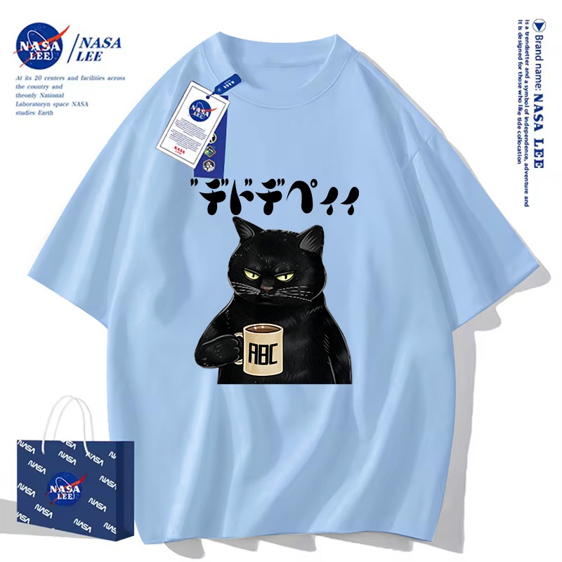 Áo Thun Unisex NASA LEE - Mèo Đen 'Cà Phê' Vui Nhộn - Mẫu Mới Hè 2026, Chất Streetwear