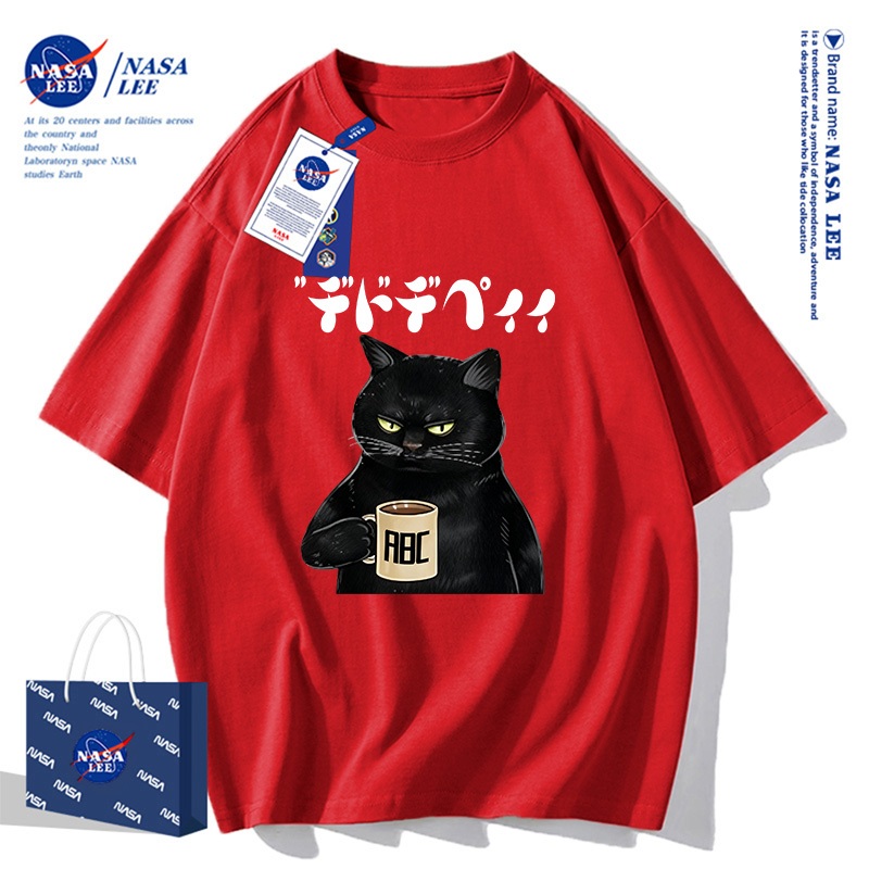 Áo Thun Unisex NASA LEE - Mèo Đen 'Cà Phê' Vui Nhộn - Mẫu Mới Hè 2026, Chất Streetwear