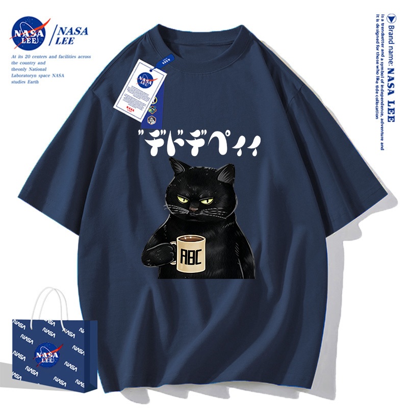 Áo Thun Unisex NASA LEE - Mèo Đen 'Cà Phê' Vui Nhộn - Mẫu Mới Hè 2026, Chất Streetwear
