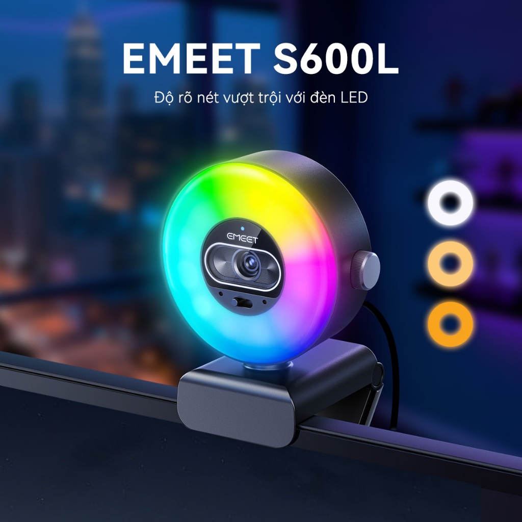 [EMEET]Webcam S600L, tích hợp đèn vòng tròn, 3 chế độ màu, hiệu ứng ánh sáng RGB, lấy nét tự động trong 0,2 giây, cảm biến 1/2 inch, hai micro, và công nghệ hình ảnh AI.Phù hợp cho văn phòng tại nhà, lớp học trực tuyến, phát trực tiếp | BigBuy360 - bigbuy360.vn