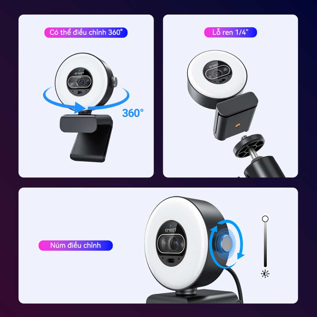 [EMEET]Webcam S600L, tích hợp đèn vòng tròn, 3 chế độ màu, hiệu ứng ánh sáng RGB, lấy nét tự động trong 0,2 giây, cảm biến 1/2 inch, hai micro, và công nghệ hình ảnh AI.Phù hợp cho văn phòng tại nhà, lớp học trực tuyến, phát trực tiếp | BigBuy360 - bigbuy360.vn