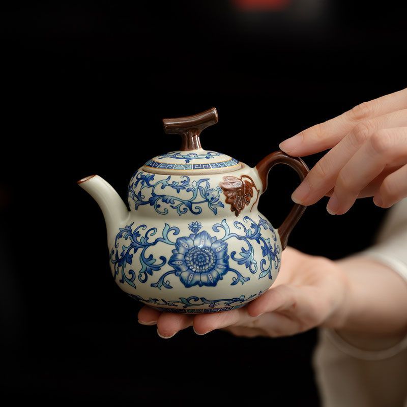 Bộ ấm trà Kung Fu Ru Kiln xanh trắng gốm retro, ấm nâng, dùng cho gia đình cao cấp