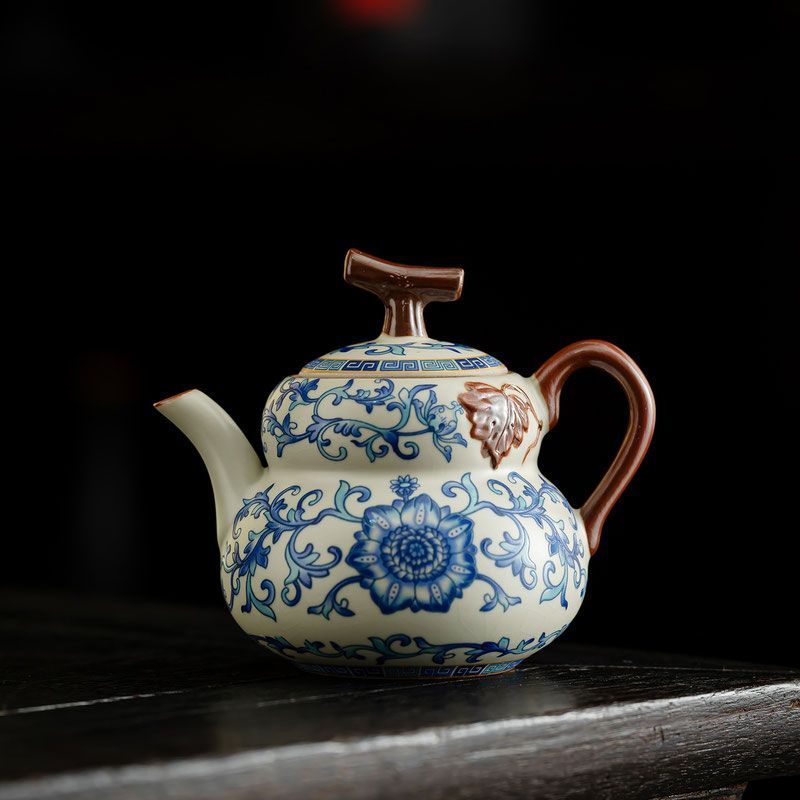 Bộ ấm trà Kung Fu Ru Kiln xanh trắng gốm retro, ấm nâng, dùng cho gia đình cao cấp