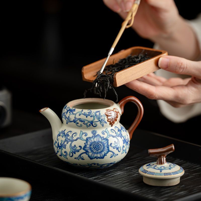 Bộ ấm trà Kung Fu Ru Kiln xanh trắng gốm retro, ấm nâng, dùng cho gia đình cao cấp