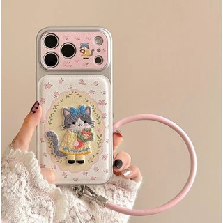 Hàn Quốc Hoạt Hình Dễ Thương Thêu Mèo Hồng Hoa Da Wrsit Dây Đeo Ốp Lưng Điện Thoại Cho iPhone 17Promax 17Pro 14 15 16 Pro Max 13 Chống Sốc Bảo Vệ Toàn Diện Vỏ Di Động