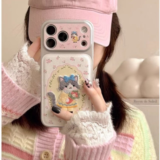 Hàn Quốc Hoạt Hình Dễ Thương Thêu Mèo Hồng Hoa Da Wrsit Dây Đeo Ốp Lưng Điện Thoại Cho iPhone 17Promax 17Pro 14 15 16 Pro Max 13 Chống Sốc Bảo Vệ Toàn Diện Vỏ Di Động