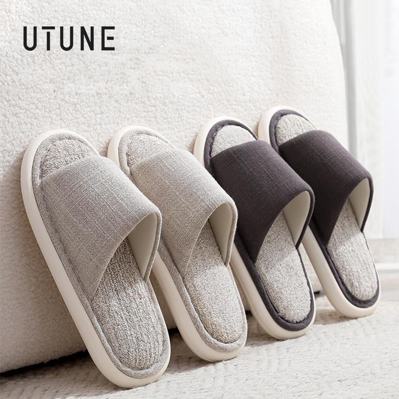 UTUNE Dép đi trong nhà vải lanh Nhật Bản thoáng khí chống hôi chân đế vải bông thấm hút hở mũi êm ái nhẹ chống trơn dùng cho sàn gỗ gia đình