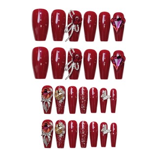 24 Chiếc Nữ Nhân Tạo Móng Tay Nghệ Thuật Bộ Handmade Màu Đỏ Bóng Giả Móng Tay