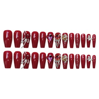 24 Chiếc Nữ Nhân Tạo Móng Tay Nghệ Thuật Bộ Handmade Màu Đỏ Bóng Giả Móng Tay