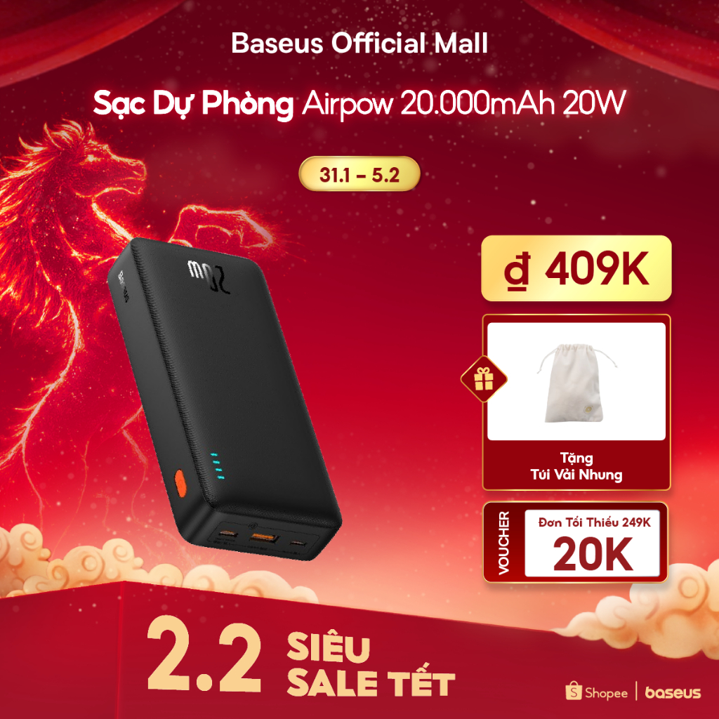 Sạc dự phòng Airpow BASEUS có sạc nhanh 20W 20000mah thích hợp cho phone 15 / 14 / 13 / 12 xiaomi