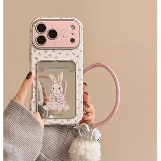 Gương Hoạt Hình Dễ Thương Thỏ Khe Cắm Thẻ Túi Hoa Hồng Da Wrsit Dây Đeo Ốp Lưng Điện Thoại Cho iPhone 17Promax 17Pro 15 16 Pro Max Chống Sốc Nữ Vỏ Di Động