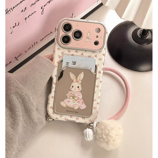 Gương Hoạt Hình Dễ Thương Thỏ Khe Cắm Thẻ Túi Hoa Hồng Da Wrsit Dây Đeo Ốp Lưng Điện Thoại Cho iPhone 17Promax 17Pro 15 16 Pro Max Chống Sốc Nữ Vỏ Di Động
