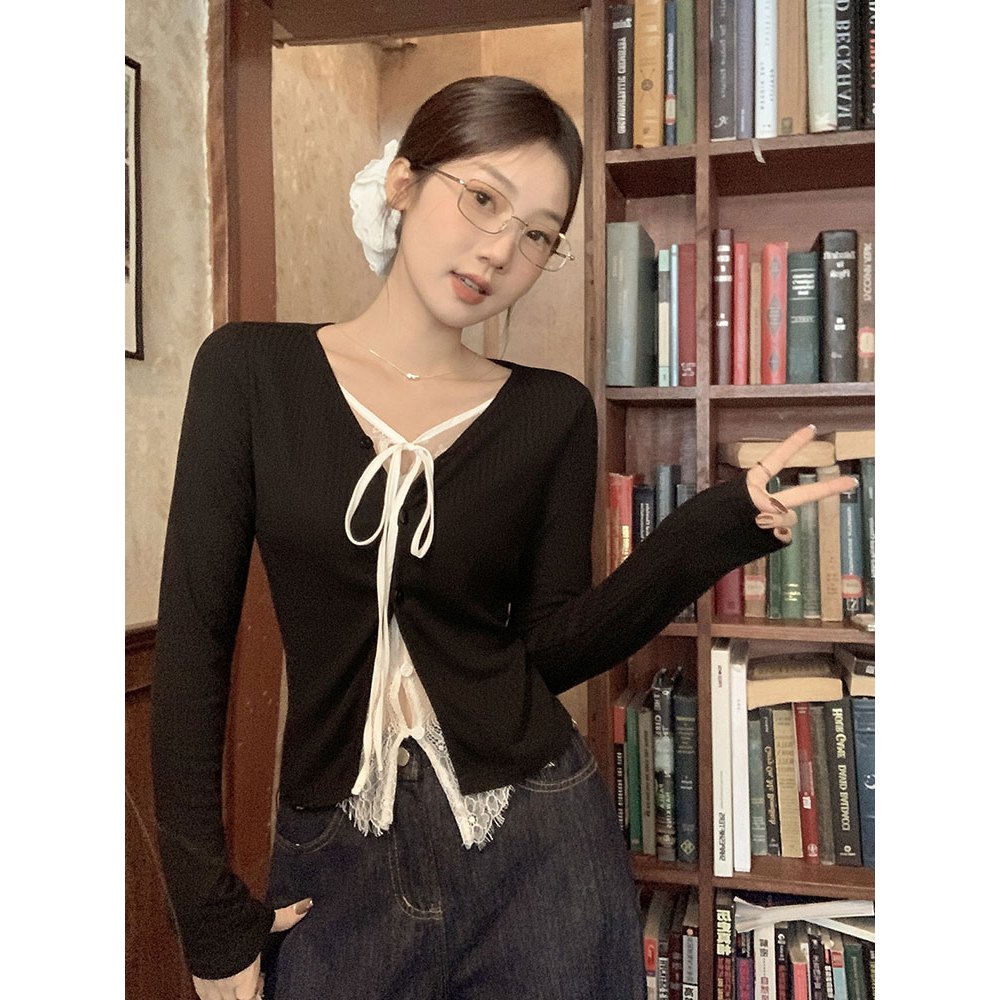[BANKO] Áo Cardigan Dáng Dài Tay Từ Hàn Quốc, Thiết Kế Slim-Fit, Mix Ren Và Cotton, Cổ Chữ V