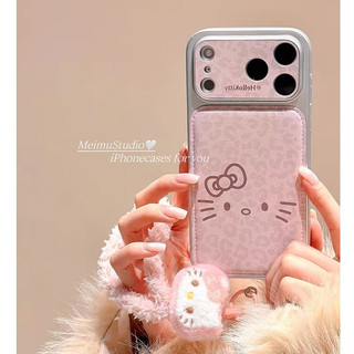 Hoạt Hình Dễ Thương Báo Hồng Hellokitty Bảo Vệ Toàn Diện Ống Kính Da Dây Đeo Cổ Tay Ốp Điện Thoại Cho iPhone 17Promax 17Pro 14 15 16 Pro Max 13 Vỏ Điện Thoại Di Động Nữ Chống Sốc