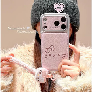 Hoạt Hình Dễ Thương Báo Hồng Hellokitty Bảo Vệ Toàn Diện Ống Kính Da Dây Đeo Cổ Tay Ốp Điện Thoại Cho iPhone 17Promax 17Pro 14 15 16 Pro Max 13 Vỏ Điện Thoại Di Động Nữ Chống Sốc