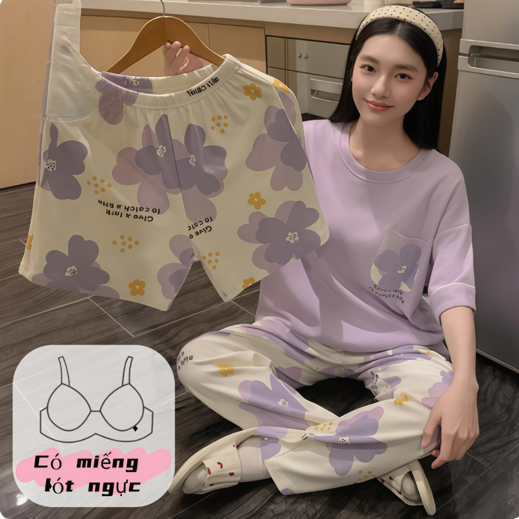 【Mẫu có đệm ngực】Bộ đồ ngủ nữ 3 món tay ngắn quần short quần dài cotton cổ trơn xuân hè in hình đáng yêu chất vải Pháp mặc nhà mặc ngoài