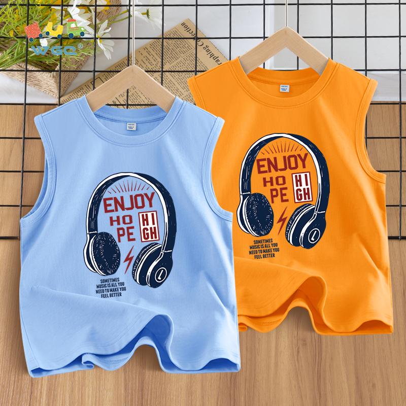W.G.Q  Áo Ba Lỗ  bé trai , vải Cotton nguyên chất, mềm mại thoải mái thoáng khí thấm mồ hôi, có in tai nghe