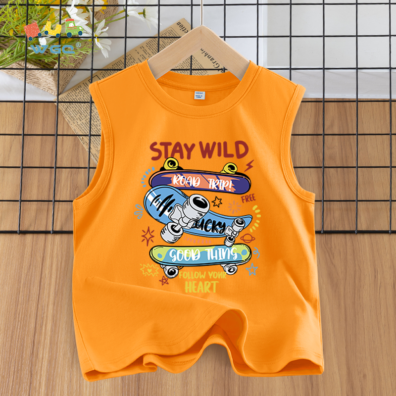 W.G.Q  Áo Ba Lỗ bé trai , vải Cotton nguyên chất, mềm mại thoải mái thoáng khí thấm mồ hôi, có in ván trượt