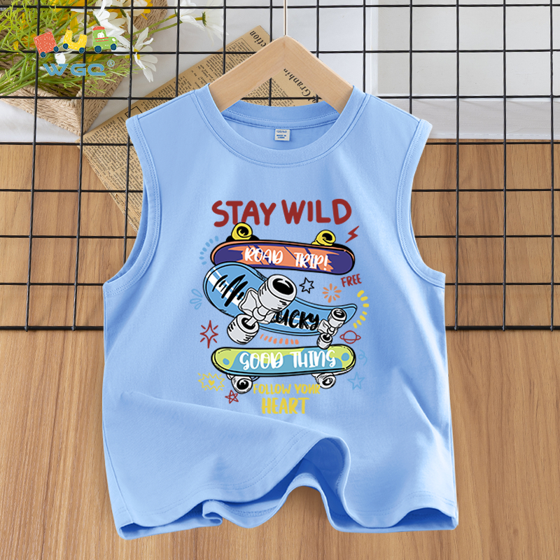 W.G.Q  Áo Ba Lỗ bé trai , vải Cotton nguyên chất, mềm mại thoải mái thoáng khí thấm mồ hôi, có in ván trượt