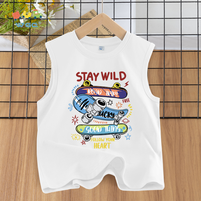 W.G.Q  Áo Ba Lỗ bé trai , vải Cotton nguyên chất, mềm mại thoải mái thoáng khí thấm mồ hôi, có in ván trượt