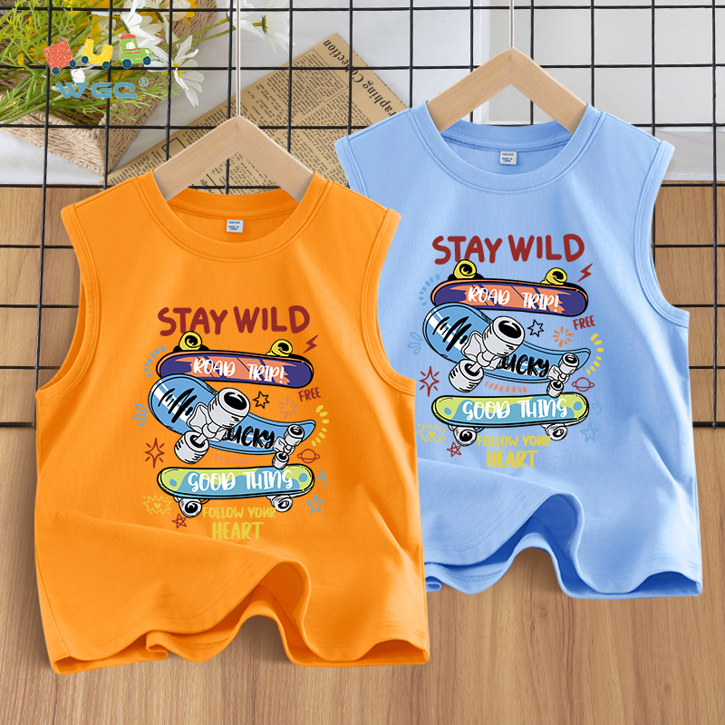 W.G.Q  Áo Ba Lỗ bé trai , vải Cotton nguyên chất, mềm mại thoải mái thoáng khí thấm mồ hôi, có in ván trượt