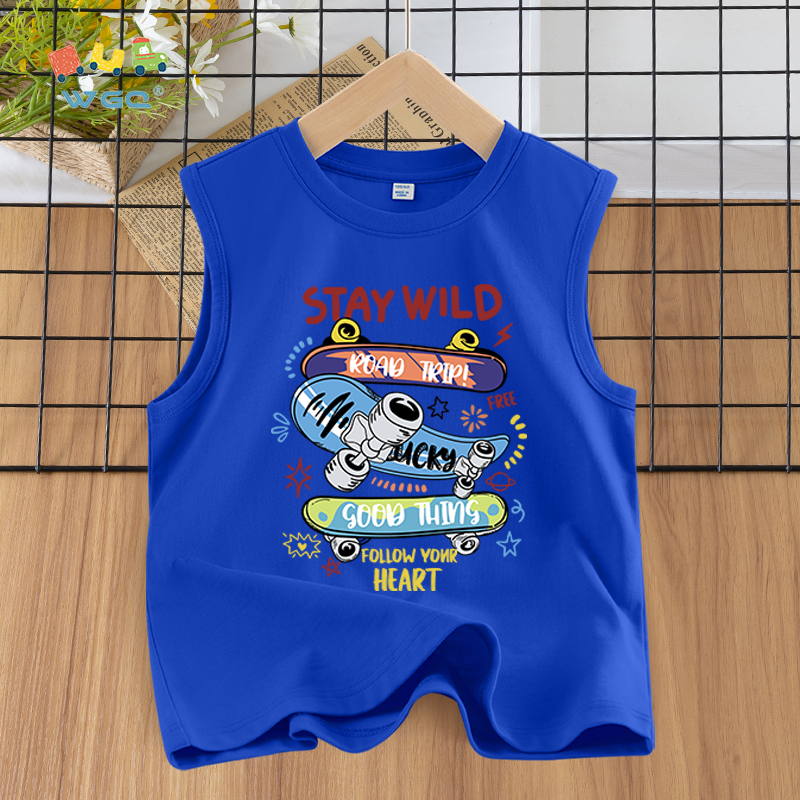 W.G.Q  Áo Ba Lỗ bé trai , vải Cotton nguyên chất, mềm mại thoải mái thoáng khí thấm mồ hôi, có in ván trượt