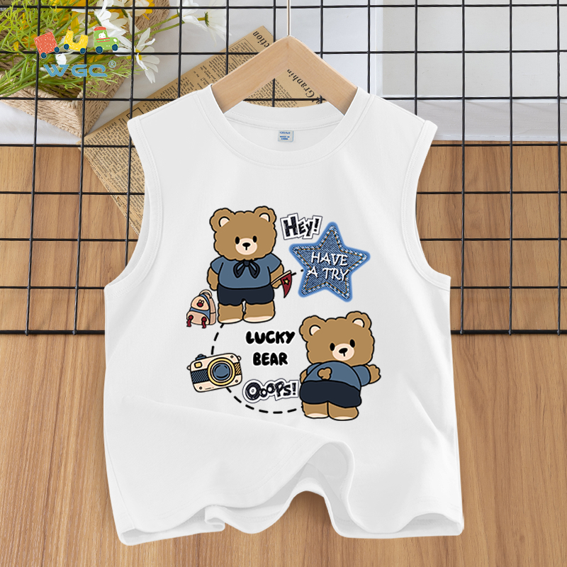 W.G.Q  Áo Ba Lỗ bé trai , vải Cotton nguyên chất, mềm mại thoải mái thoáng khí thấm mồ hôi, có in hình gấu