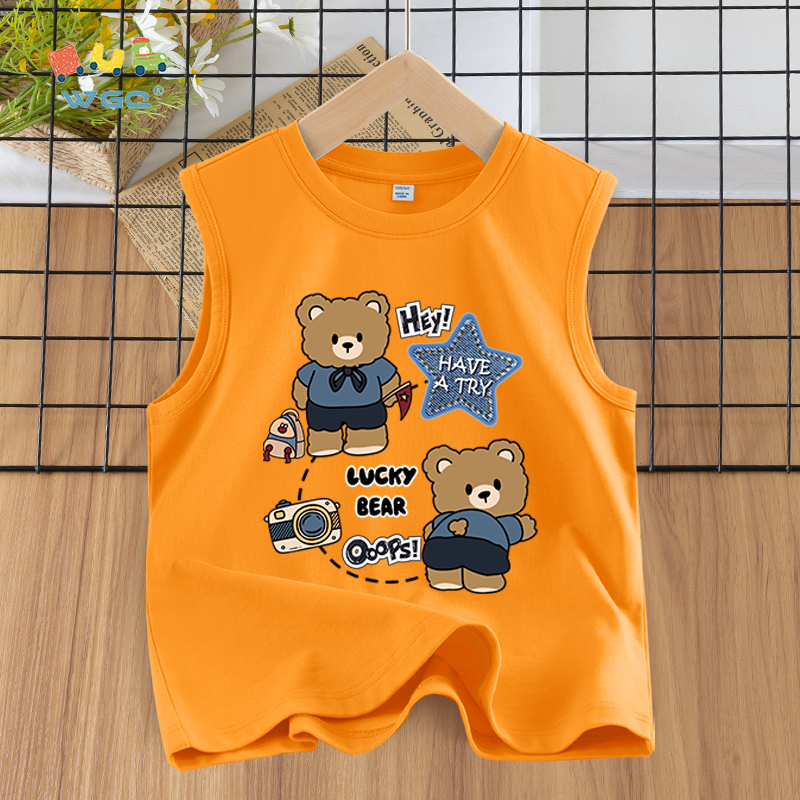W.G.Q  Áo Ba Lỗ bé trai , vải Cotton nguyên chất, mềm mại thoải mái thoáng khí thấm mồ hôi, có in hình gấu