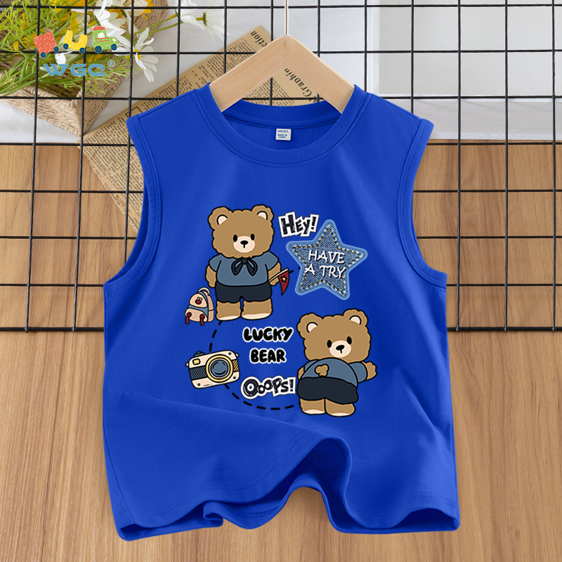 W.G.Q  Áo Ba Lỗ bé trai , vải Cotton nguyên chất, mềm mại thoải mái thoáng khí thấm mồ hôi, có in hình gấu