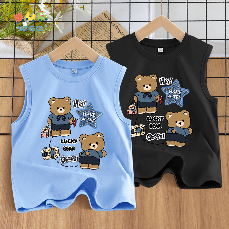 W.G.Q  Áo Ba Lỗ bé trai , vải Cotton nguyên chất, mềm mại thoải mái thoáng khí thấm mồ hôi, có in hình gấu