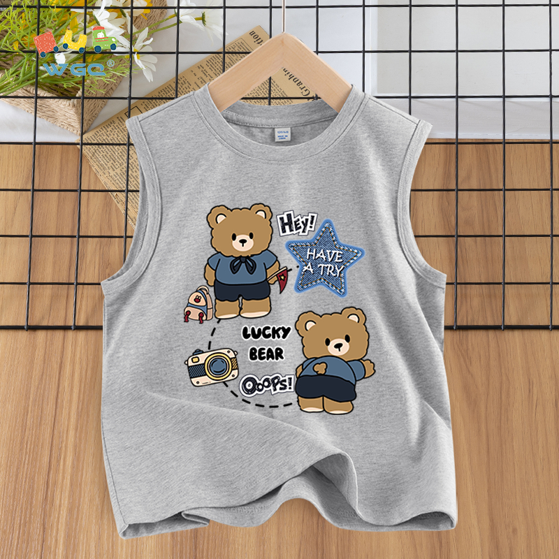 W.G.Q  Áo Ba Lỗ bé trai , vải Cotton nguyên chất, mềm mại thoải mái thoáng khí thấm mồ hôi, có in hình gấu