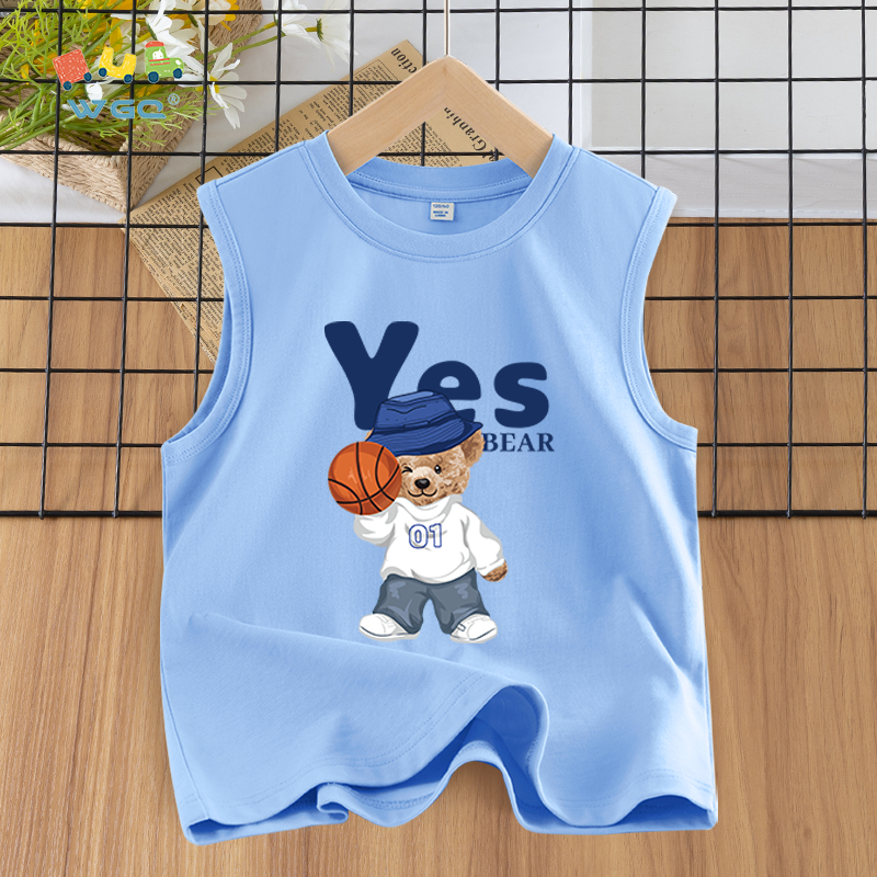 W.G.Q  Áo Ba Lỗ bé trai , vải Cotton nguyên chất, mềm mại thoải mái thoáng khí thấm mồ hôi, có in hình gấu