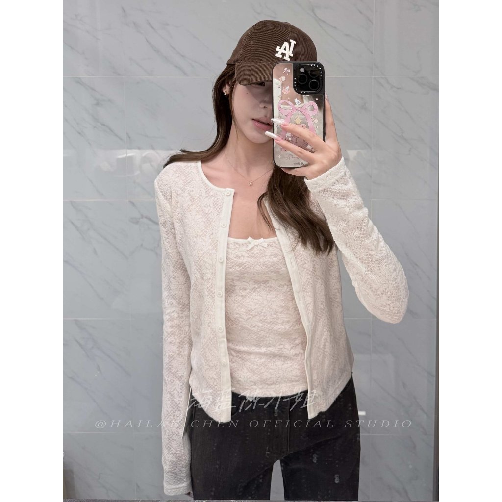 [BANKO] Bộ đồ hai mảnh phong cách Hàn Quốc slim-fit jacquard gồm ren yếm và áo cardigan dài tay, phù hợp thời trang mùa xuân