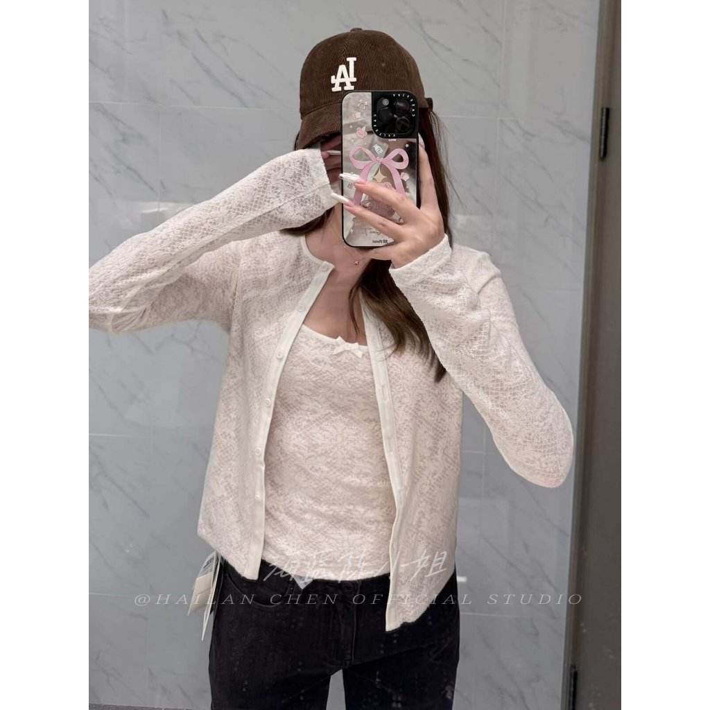 [BANKO] Bộ đồ hai mảnh phong cách Hàn Quốc slim-fit jacquard gồm ren yếm và áo cardigan dài tay, phù hợp thời trang mùa xuân