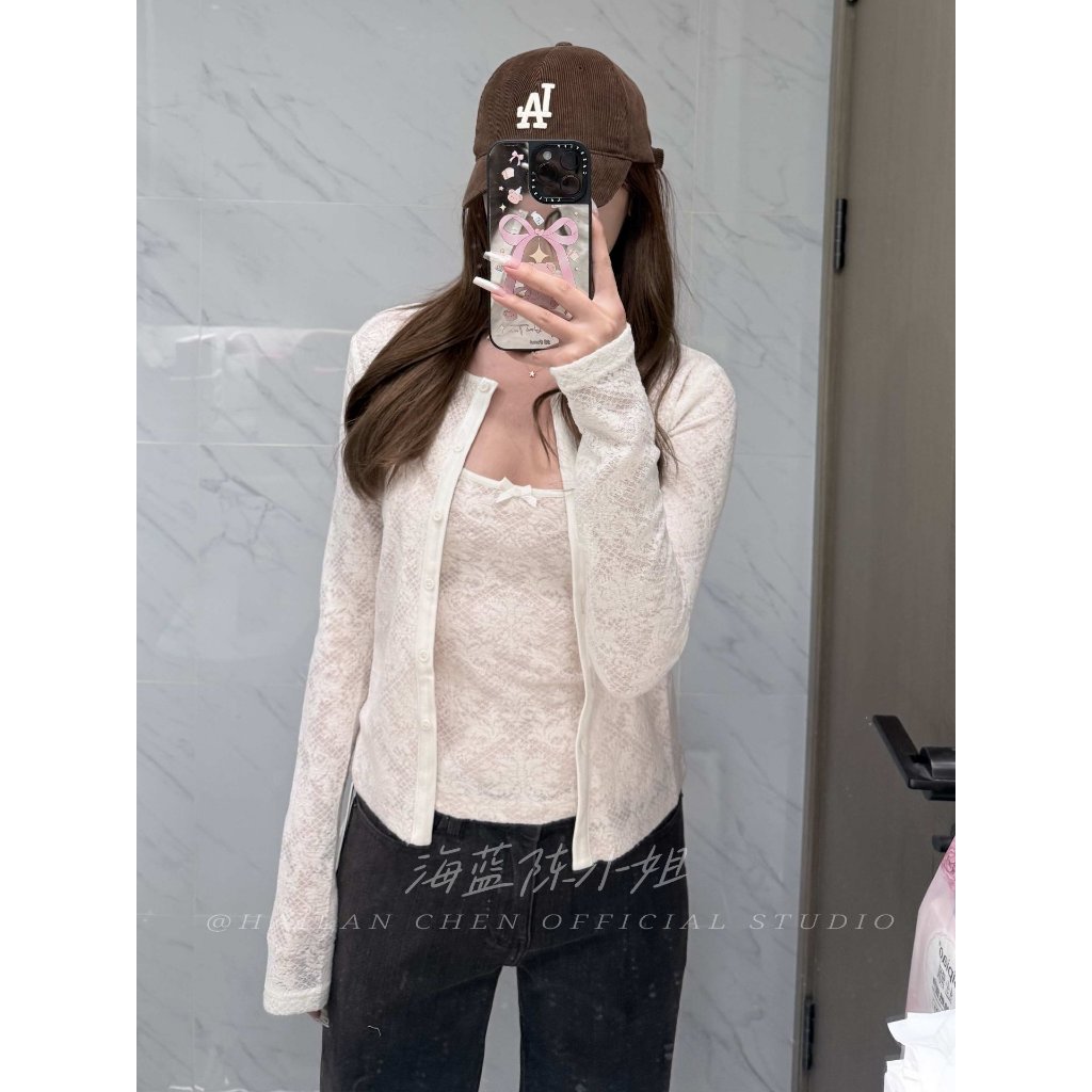 [BANKO] Bộ đồ hai mảnh phong cách Hàn Quốc slim-fit jacquard gồm ren yếm và áo cardigan dài tay, phù hợp thời trang mùa xuân