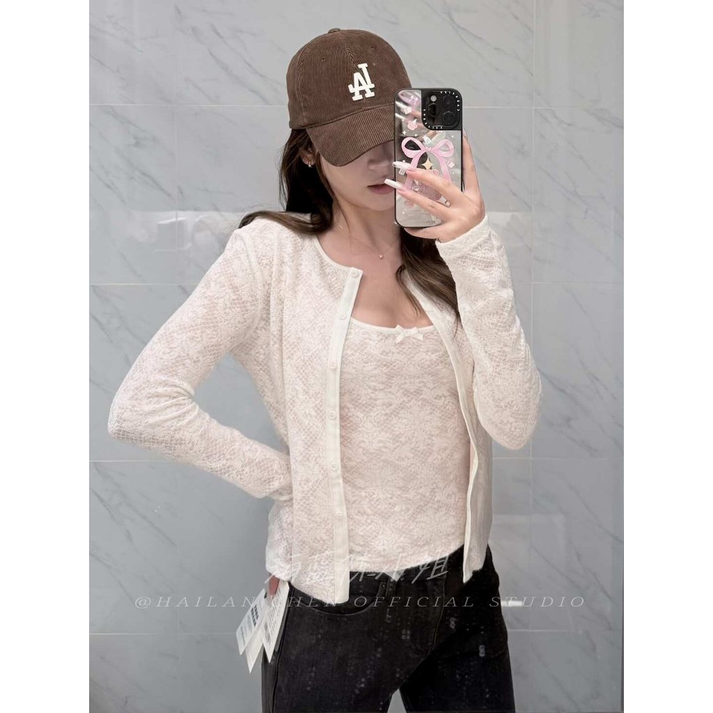 [BANKO] Bộ đồ hai mảnh phong cách Hàn Quốc slim-fit jacquard gồm ren yếm và áo cardigan dài tay, phù hợp thời trang mùa xuân