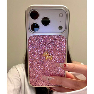 Mạ 3D Ngựa Vàng Hồng Đỏ Lấp Lánh Kim Sa Lấp Lánh Vỏ Điện Thoại iPhone 17Promax 17pro 14 15 16 Pro Max 13 Vỏ Di Động Nữ Chống Sốc
