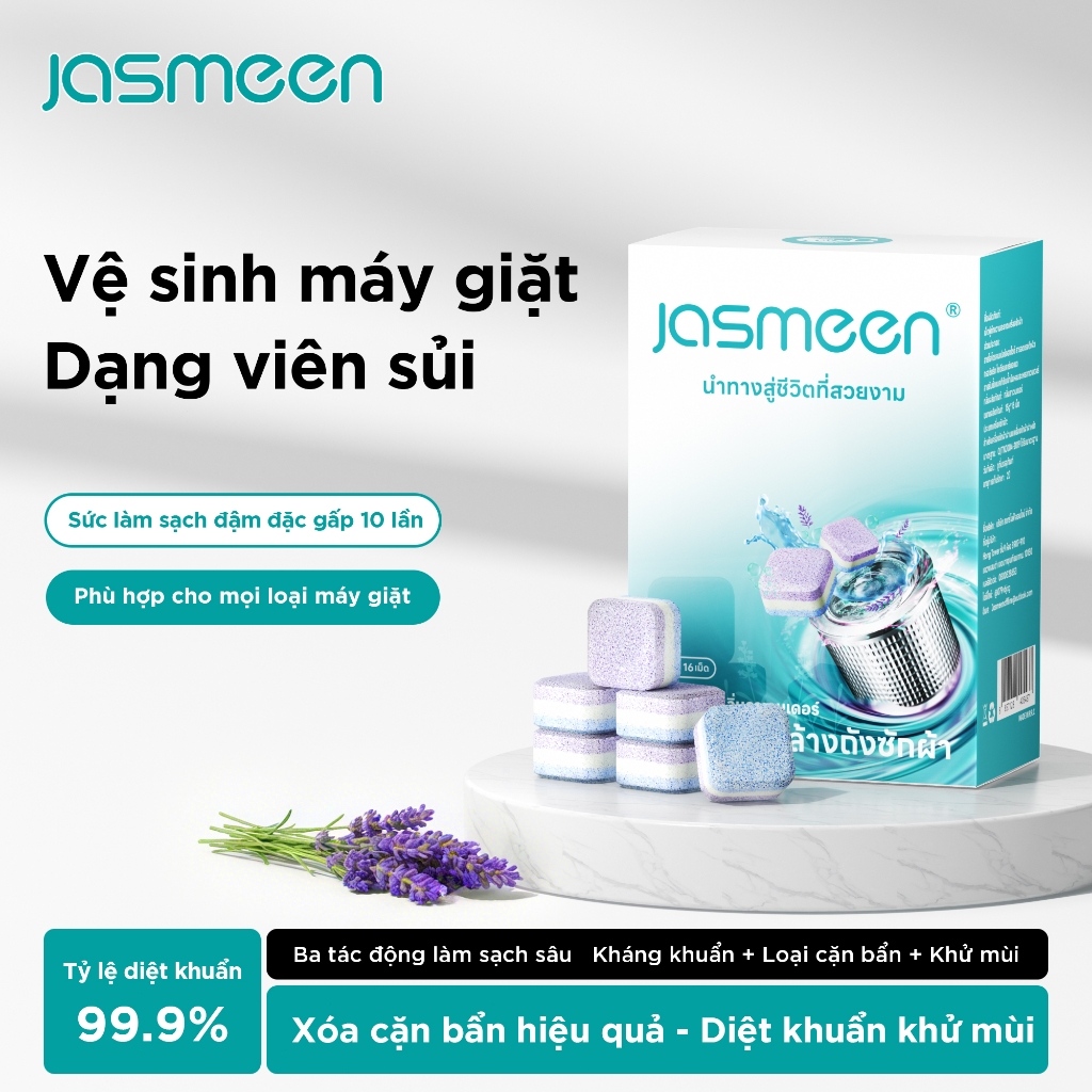 1 Hộp 16 Viên tẩy lồng máy giặt JASMEEN - Viên Sủi Tẩy Sạch Cặn Bẩn - Sạch sâu - Hương hoa oải hương