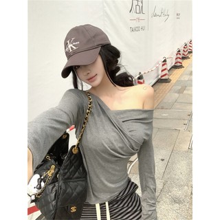 TINRRY ~ Áo thun dài tay lệch vai dành cho nữ Slim-fit Nẹp-