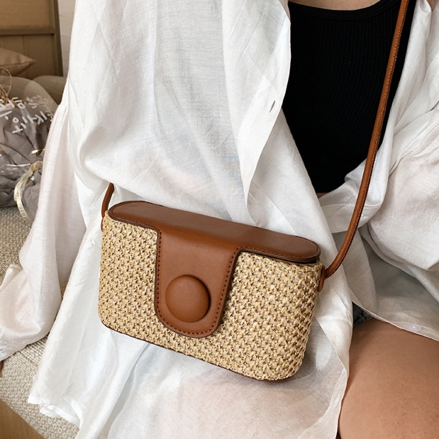 Túi đeo vai nữ dệt rơm vuông nhỏ, đeo chéo, kiểu messenger