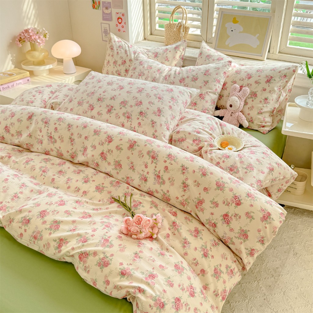 Bộ chăn ga gối 4 món phong cách Hàn Quốc họa tiết hoa Ga phủ không bo chun Vỏ chăn (Không kèm ruột)