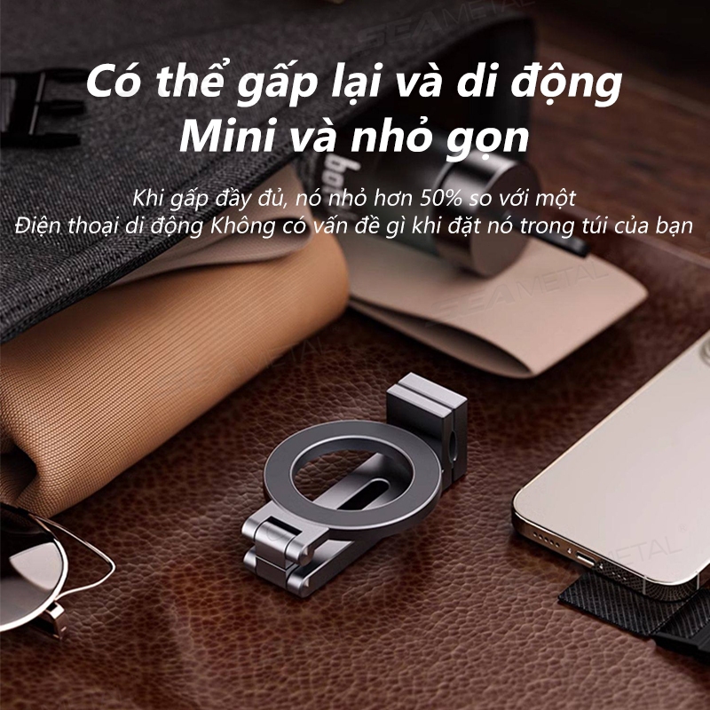 SEAMETAL Giá đỡ điện thoại gập 360° từ tính, kẹp xoay hai mặt, ABS, chân tripod/ô tô